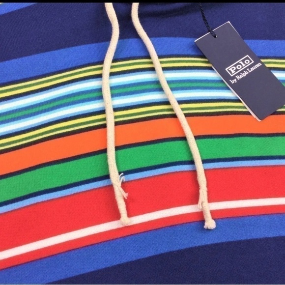 Polo Ralph Lauren Men Rainbow Color Striped Rope Drawstring Fleece Hoodie Size M - Picture 6 of 8